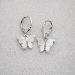 Silver Hoop Earrings w/ White Pearl Butterfly Charms